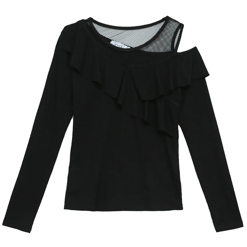 3726 Black Long Sleeve T Shirt Women One Shoulder Tops Spliced Ruffles Slim Stretch Sexy Nightclub Top Female Mesh Round Neck