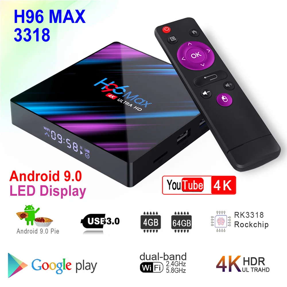 H96 MAX 3318 Android 9,0 Smart tv Box Rockchip RK3318 4 Гб ОЗУ 64 Гб ПЗУ BT4.0 USB3.0 2,4G/5G двойной wifi 3D 4K HDR телеприставка