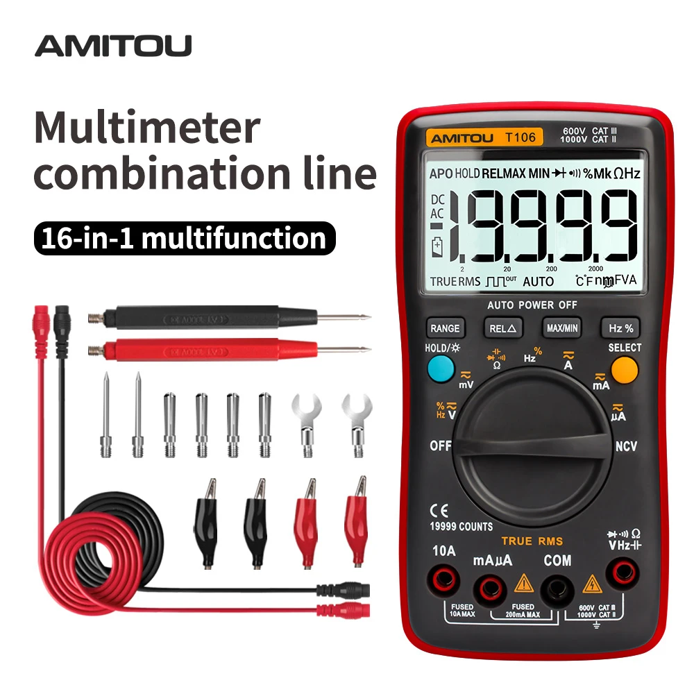 AMITOU T106 Профессиональный антисжигающий Цифровой мультиметр Бесконтактный AC/DC Амперметр Вольтметр Авто мультиметровый Сопротивление Емкость цифровой мультиметры mastech