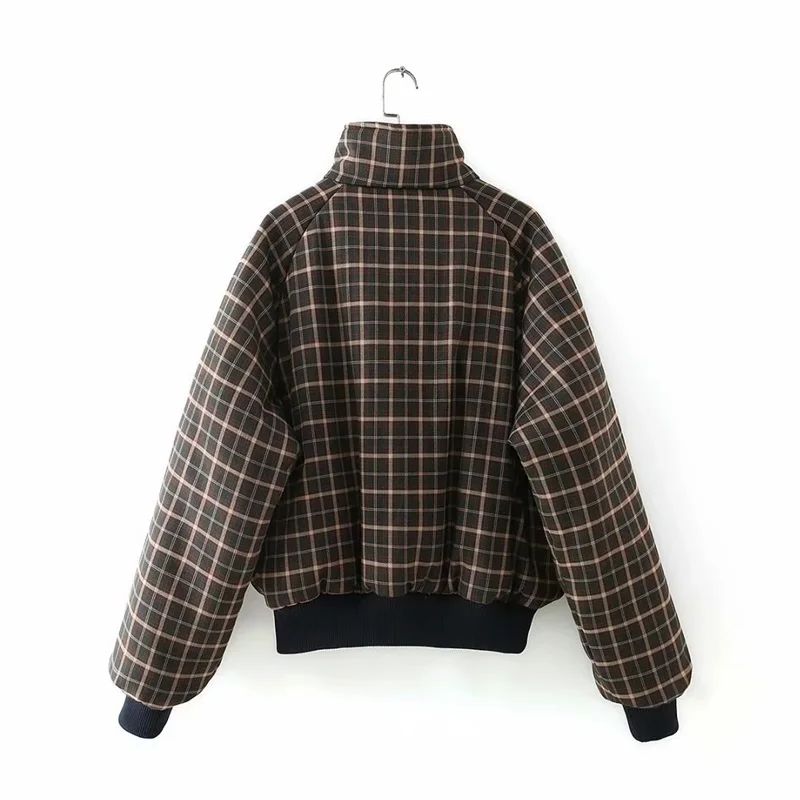 

Women Puffy Oversized Reversible Jacket In Navy Green Multicolor Plaid Padded Outerwear with Contrast Collar and Trimming