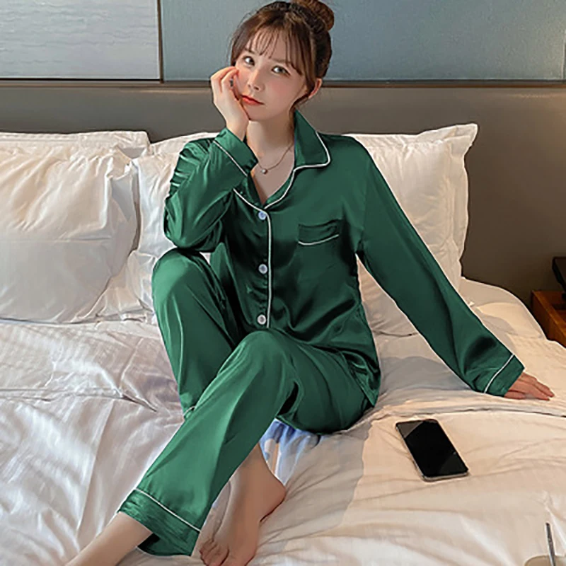

Women's Pajamas Summer Long-sleeved Trousers Pajamas Suit Rayon Satin Casual Women's Pajamas Home Service