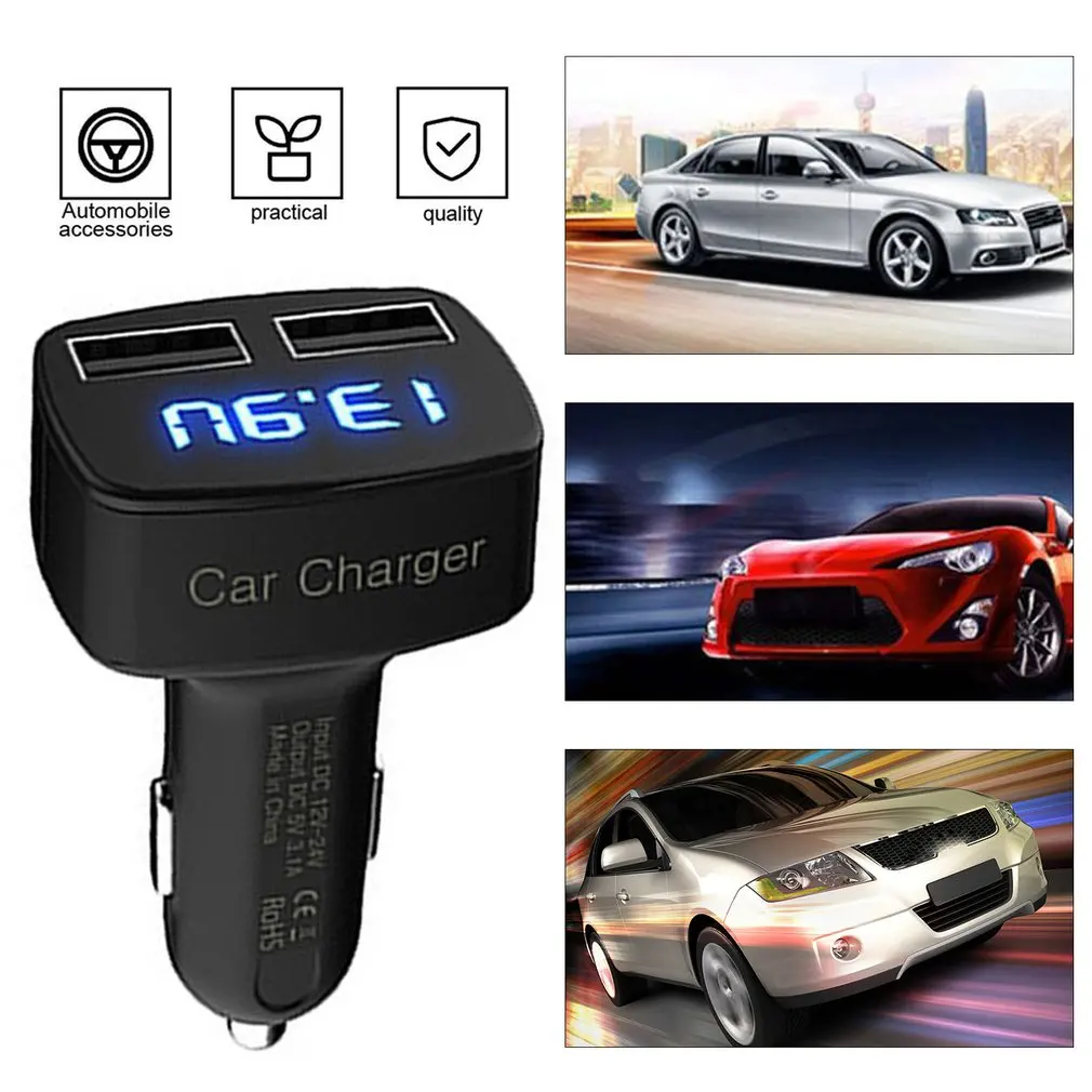 

4-in-1 Dual USB Car Charger Digital LED Display DC 5V 3.1A Universal Adapter with Voltage Temperature Current Meter Tester