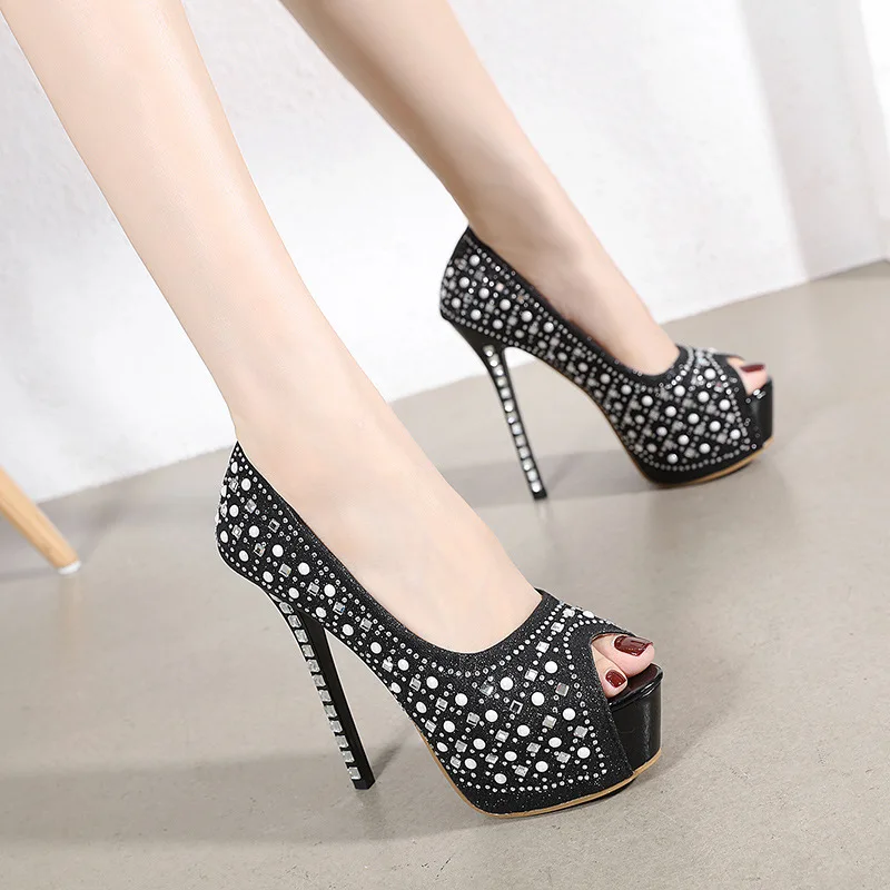 

2022 New Rivet Rhinestones Woman Wedding Pumps Sexy Peep Toe Nightclub Stripper Stiletto High Heels Shoes Platform Sandals