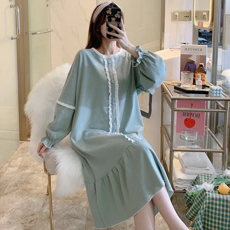 Ночная рубашка женская хлопковая в Корейском стиле повседневный свободный халат