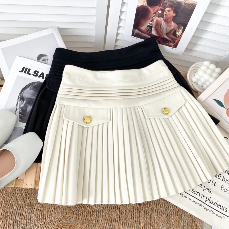 

2021 Autumn And Winter New Fashion Metal Buckle Woolen High Waist Slim Skirt Short Skirt A-line Skirt Pleated Skirt Women
