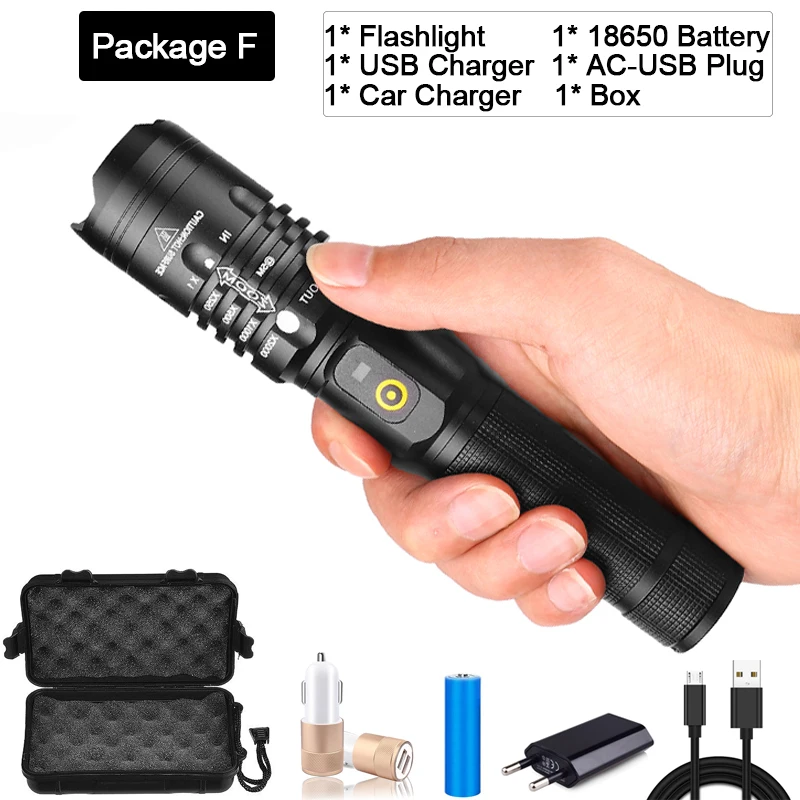 Package F Мощный фонарик с подзарядкой от USB светодиодный фонарь Zoom XHP50.2 светодиодный фонарь Водонепроницаемый фонарь с аккумулятором 18650 USB кабель - Испускаемый цвет: Package F