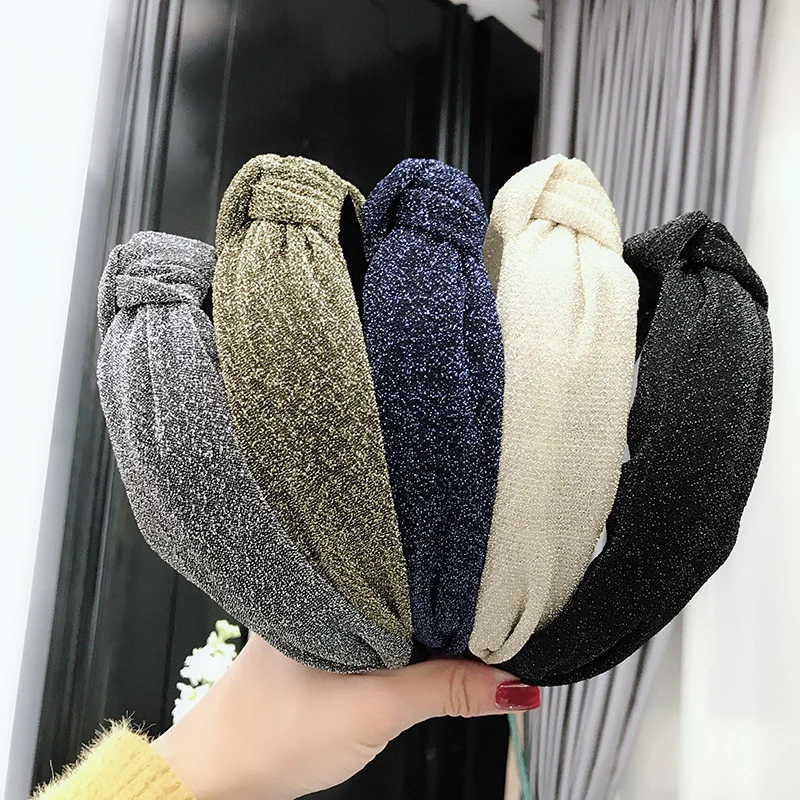

Simple Glitter Shiny Sequin Hairband Cloth Fabric Cross Knotted Wide Headband Hair Hoop For Women Girls Fashion Hair Accessories