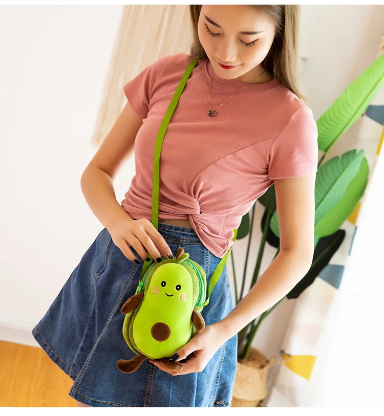 Cute Avocado Plush Toys Soft Stuffed Fruits Creative Cartoon Zipper Style Shoulder Bag for Children Kids Girls Gift Toys 9 Inch
