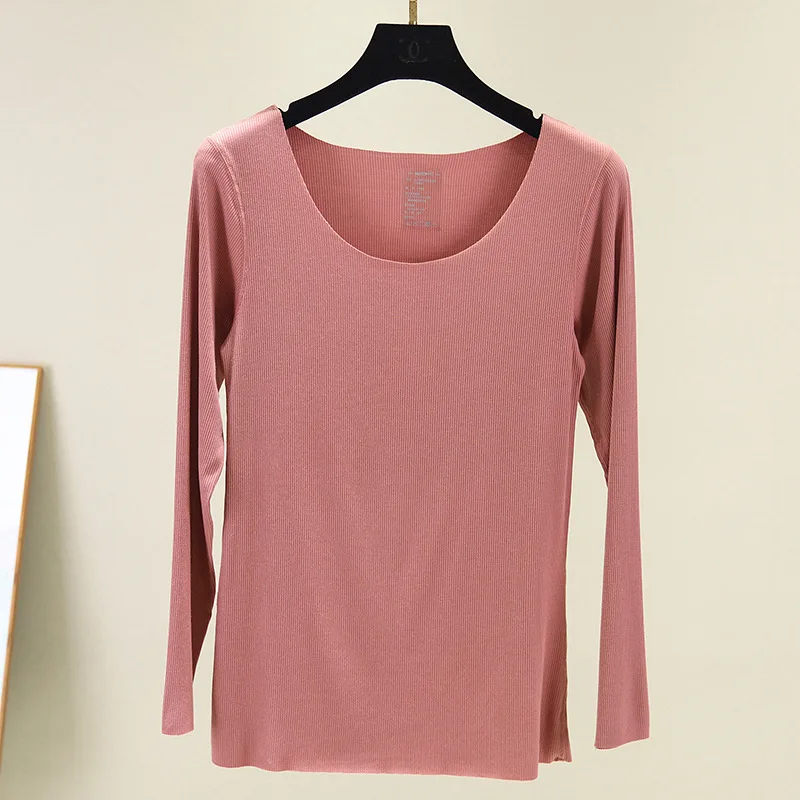 

Womens Long Sleeve Tops Tees Spring Women Casual T-shirt O-neck Girls Pink Shirts Cotton Female Seamless Slim Tshirt Streetwear