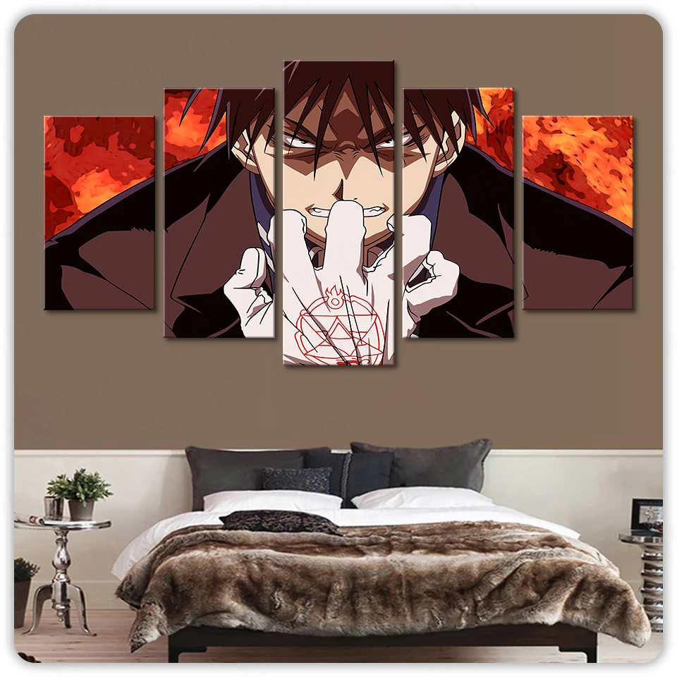 

Anime Roy Mustang Cute Full Metal Alchemist Bathroom Print Teenager High Quality Canvas Painting Room Decor 5 Pieces Wall Art