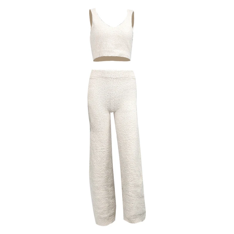 

GALCAUR Sexy White Two Piece Set For Women V Neck Sleeveless Tank Tops High Waist Wide Leg Pants Female 2020 Summer Fashion New