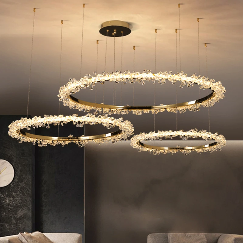 

Modern Parlor Deco Dandelion Crystals Led Dimmble Pendant Light Villa Luxury Metal Ring Hanging Lamp Living Room Lustre Lamp