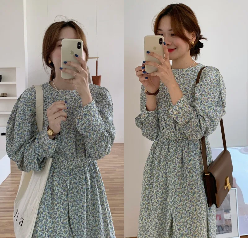 

Vintage Long Sleeve A-line Dress Women Floral Print Elastic Waist Female Dress Spring Vestidos femme 2021 Robe