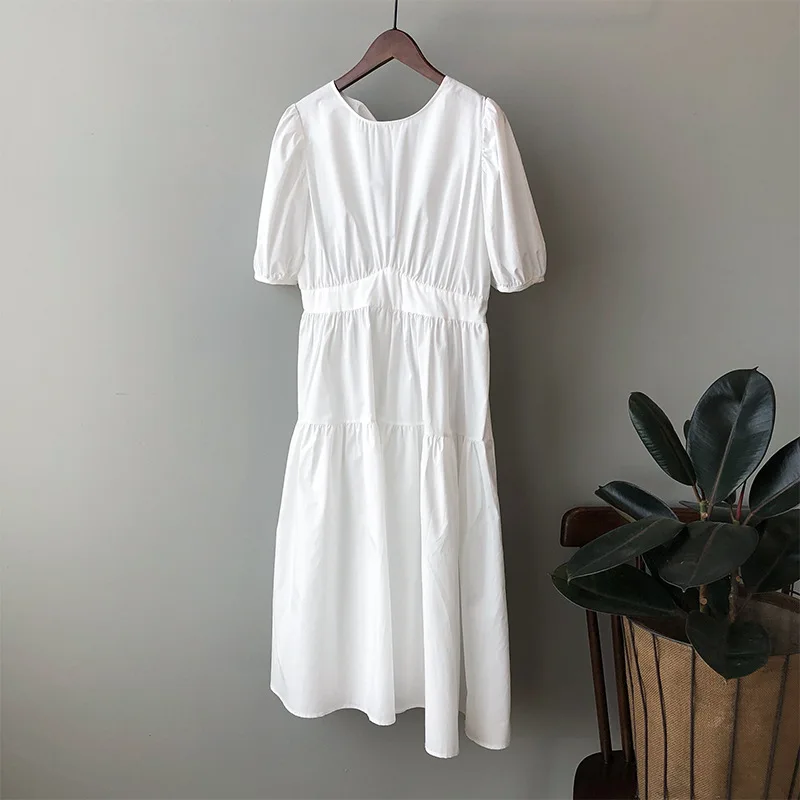 

O-neck Puff Sleeve Slim A-line Women Dresses Lace Up Backless Solid Femme Robe 2021 Summer New French Elegant Big Swing Vestidos
