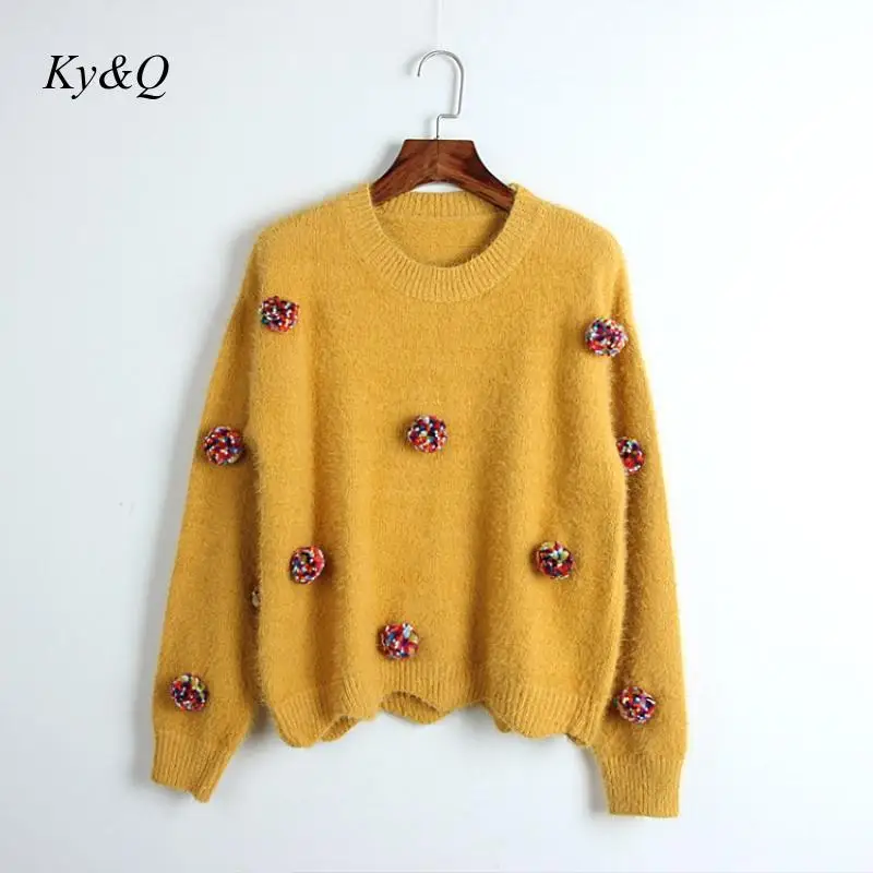 Brand Design Kawaii Kint Pink O-neck Pullover Sweater Colored Wool Ball Decoration Jumper Women Clothes Tide 2019 Winter Tops | Женская