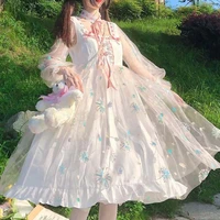 one piece women fairy dress lolita japanese summer new print long sleeve mesh lace up cute princess dress korean kawaii clothing