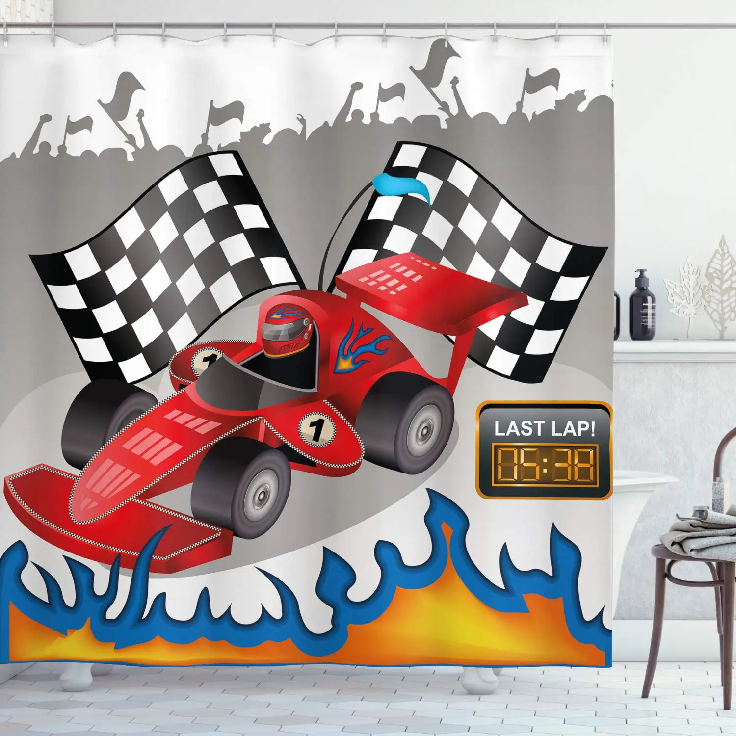 Детский Декор занавеска для душа гоночный автомобиль с отделкой флаги пилот и