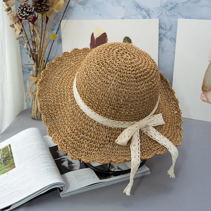 Летняя вязанная Шнуровка с бантиком большими полями соломенная шляпа от солнца