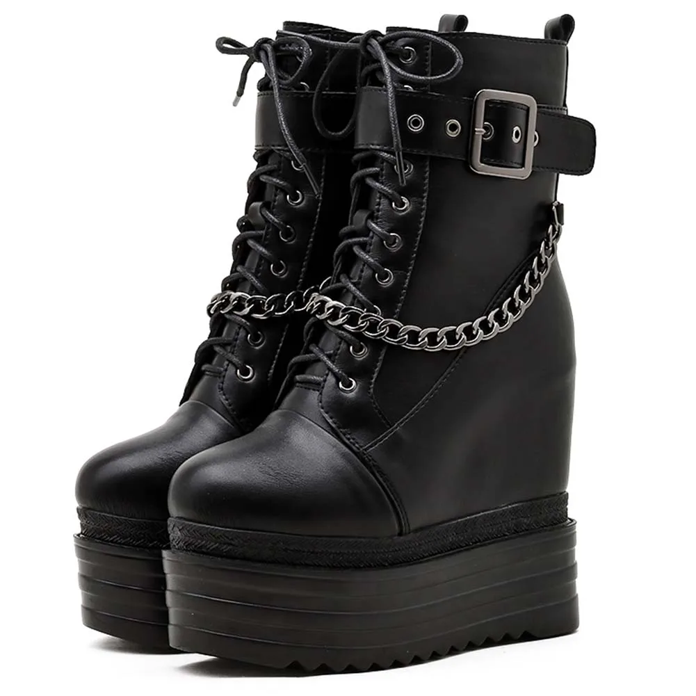

BONJOMARISA On Sale Brand Cool Girls Metal Chain Zipper Buckle women's Boots Autumn Increasing Height Platform Black Shoes Woman
