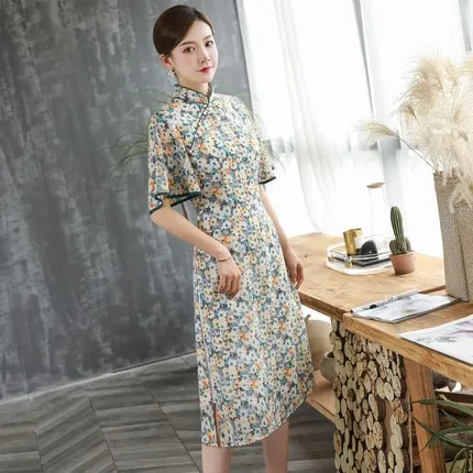 Китайское летнее шифоновое платье Ципао с принтом маргариток в винтажном стиле |