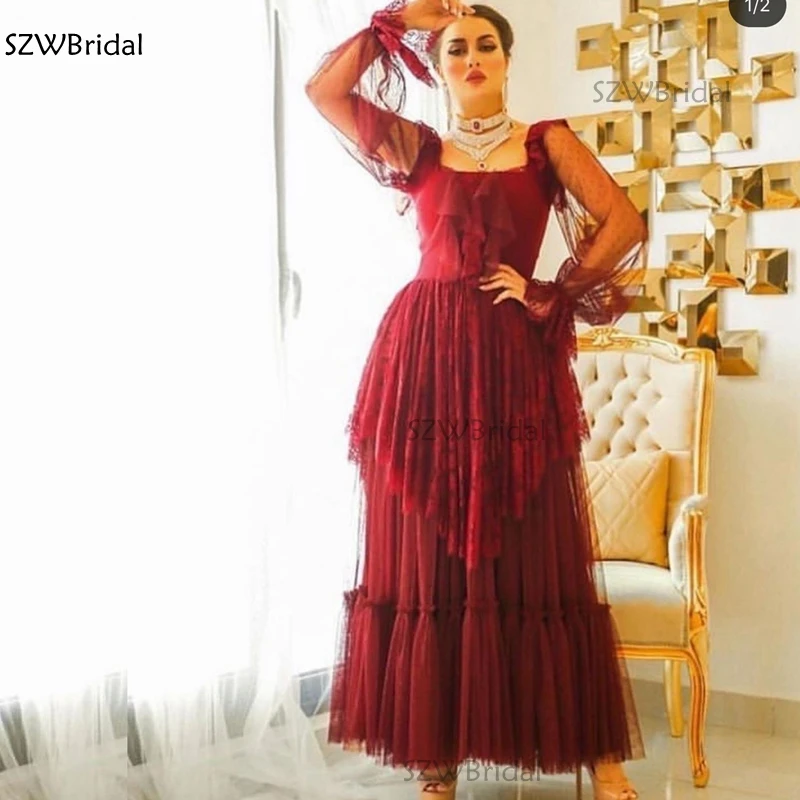 

Robe de soiree Long sleeve evening dresses Tea length Robe soiree dubai Muslim evening dress women Occasion dresses