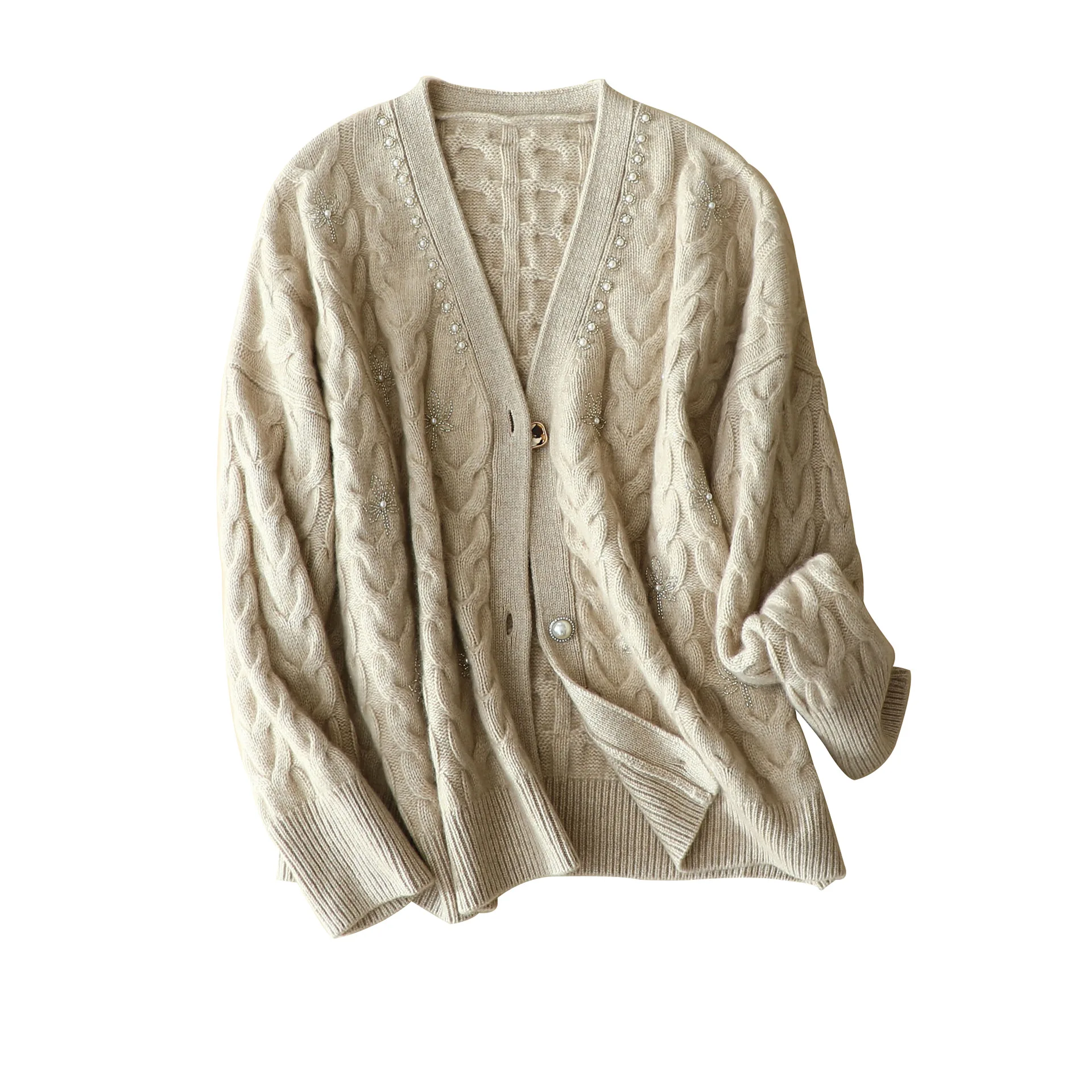 

Зима Большой Размеры бисер кардиган для женщин кашемир однобортное пальто с v-образным вырезом, роскошная одежда, женские свитера теплая ду...