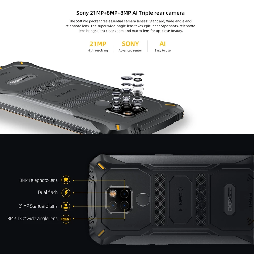 Смартфон DOOGEE S68 Pro защищенный IP68/IP69K Android 9 0 Helio P70 8 ядер 6 + 128 ГБ 5 84 дюйма FHD 16 МП 4