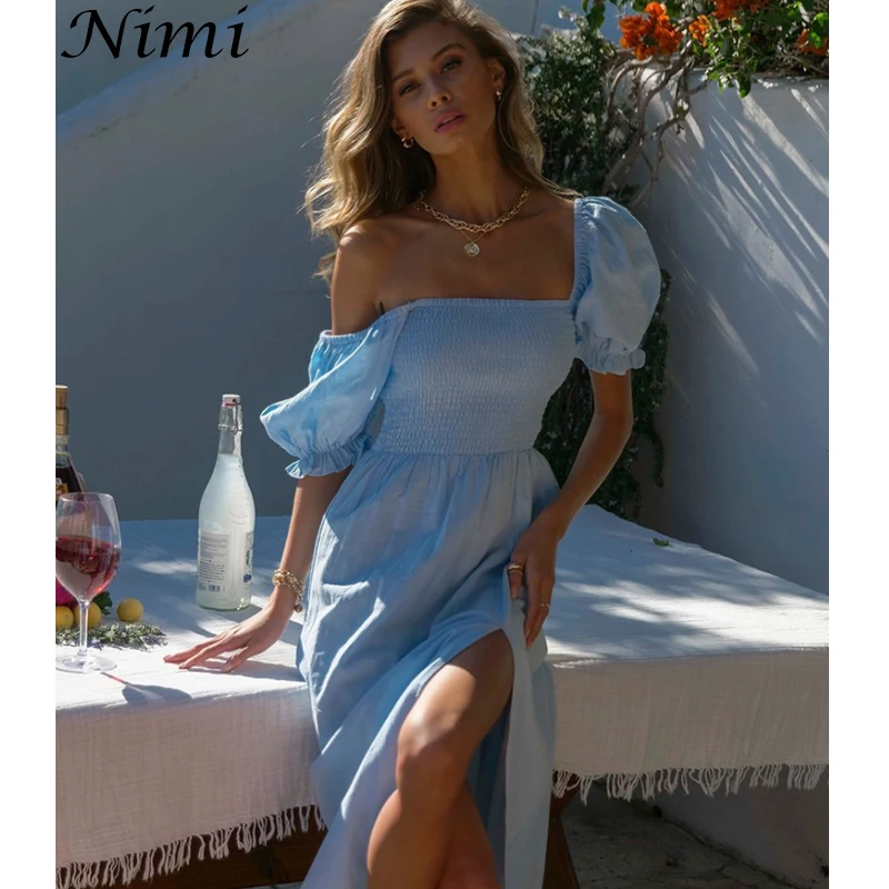 

A-line Short Sleeve Dress Summer Mujer Verano For Women Casual 2021 Midi Dresses One Word Collar Four-color Split Polyester