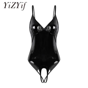 Женский цельный комбинезон, сексуальный комбинезон с мокрым эффектом, с глубоким V-образным вырезом, с вырезом, женское белье из лакированной кожи