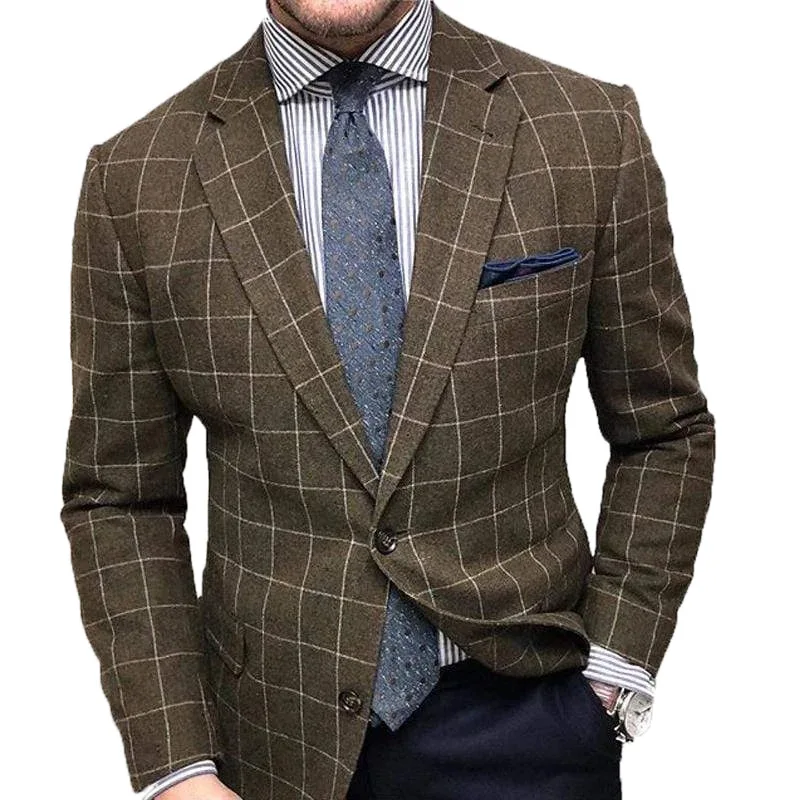 

Costume Slim Fit Business Men Suits Grey Jacket Slim Fit Groom Brown Plaid Tuxedos for Formal Wedding Blazer Best Man