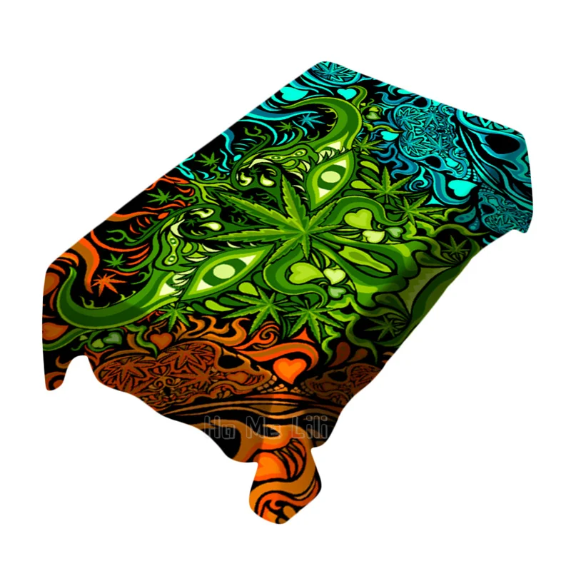 Психоделический стол с прямоугольным скатертью с крутым цветовым гиппи-декором "Бык-монстр с головой-картункой на траве".