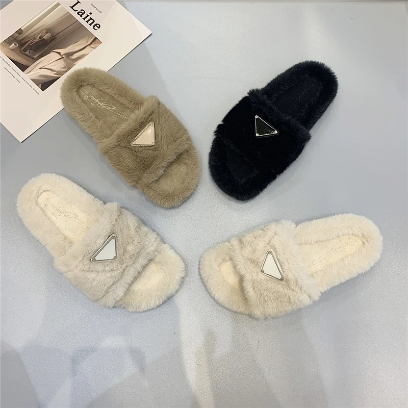 Luxury Design Winter Slippers Women Slip On Wool Shoes Ladies Mules Slides Casual Zapatos De Mujer Flip Flops Footwears Female | Обувь
