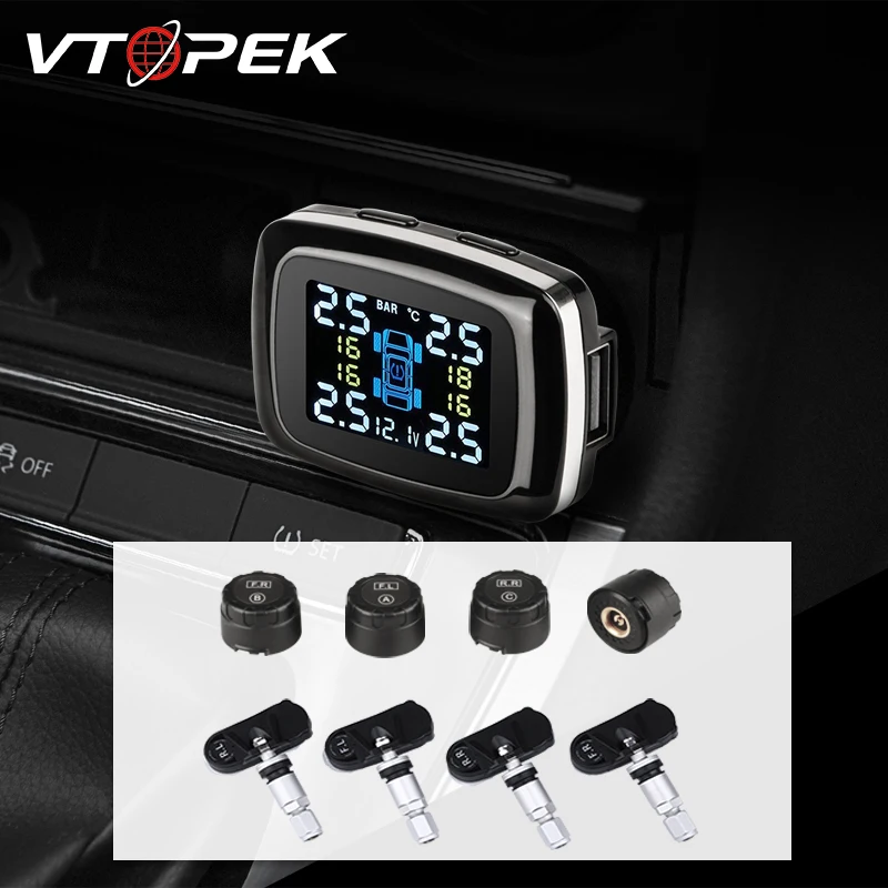 Vtopek TPMS Tire Pressure Monitoring System LCD Car Alarm 4 Sensors Cigarette Lighter USB Output | Автомобили и мотоциклы