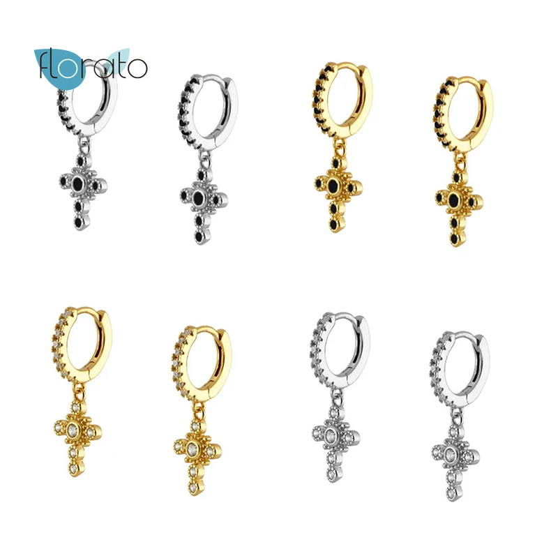 

925 Sterling Silver Cross Pendant Drop Earrings Black Zirconia Huggie Hoop Earrings for Women Christmas Xmas Gifts Jewelry