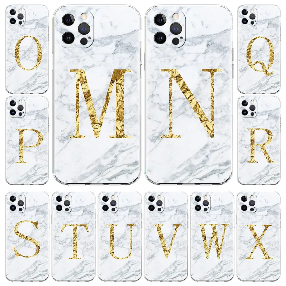 

Letter R S Q white marble Case For Apple iPhone 13 11 12 Pro 7 XR X XS Max 8 6 6S Plus 11Pro Transparent Soft Phone Covers Shell