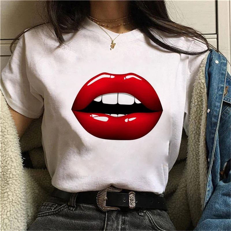 

New Summer Top Tee Red Mouth Lip Kiss Printing Ladies O-Neck T-shirt Funny Graphic T-shirt Woman Vogue Harajuku T-shirt