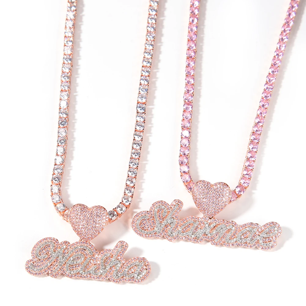 TBTK Custom Name Necklace Bubble Letter With Lovely Heart Clasp Iced Out White Pink CZ Pendant Tennis Chain Hiphop Jewelry
