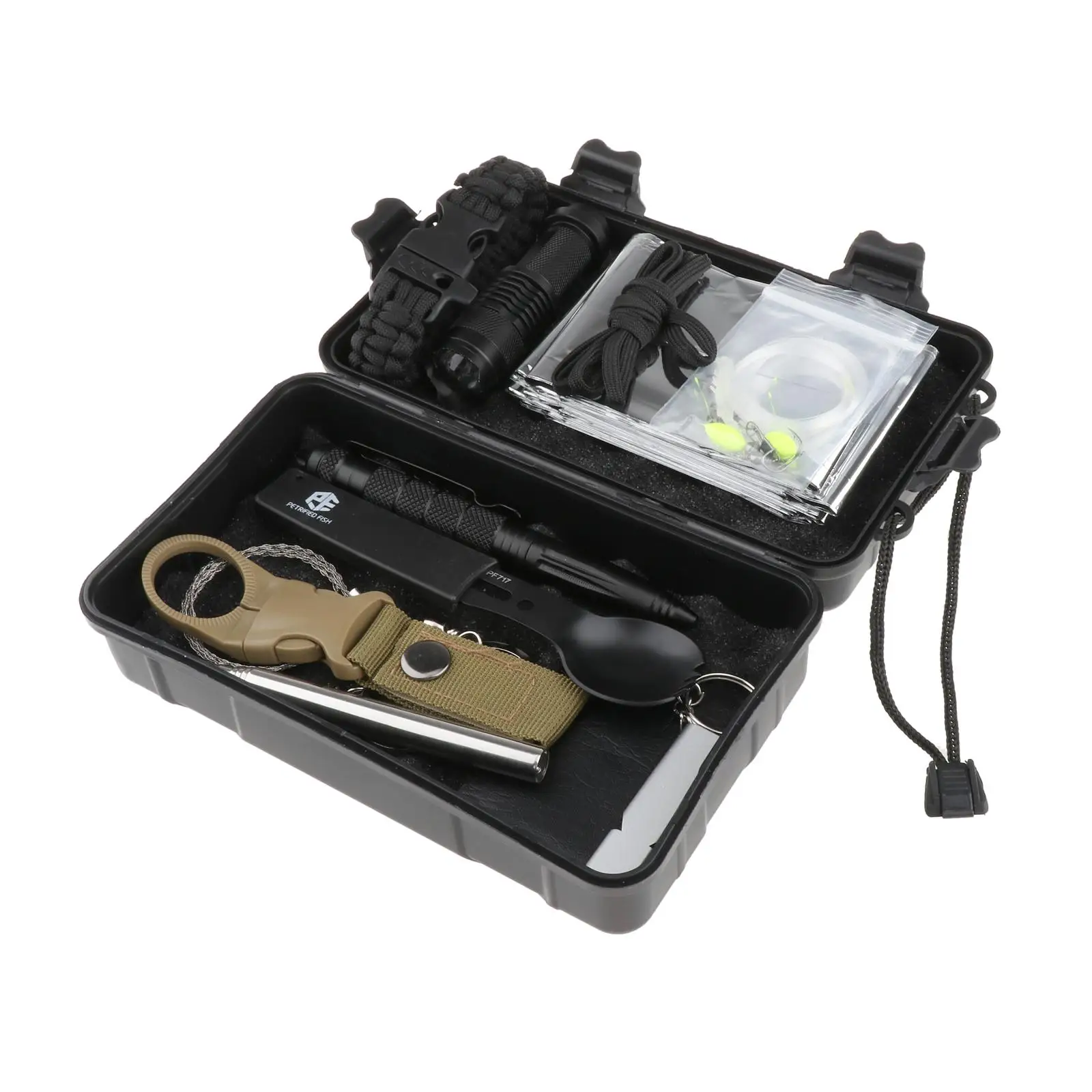 

Outdoor Survival Kits Hiking Blanket Emergency Tools Backpacking Adventure Tactical Pen Wire Saw Fishing Lures Bottle Clip