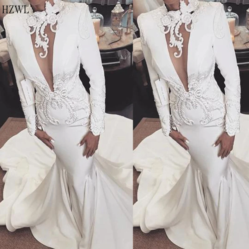 

Modest Mermaid Formal Evening Gowns 2020 long sleeve Deep V-Neck Lace Applique Sexy Bridel Dress Prom Dress Long robe de soiree
