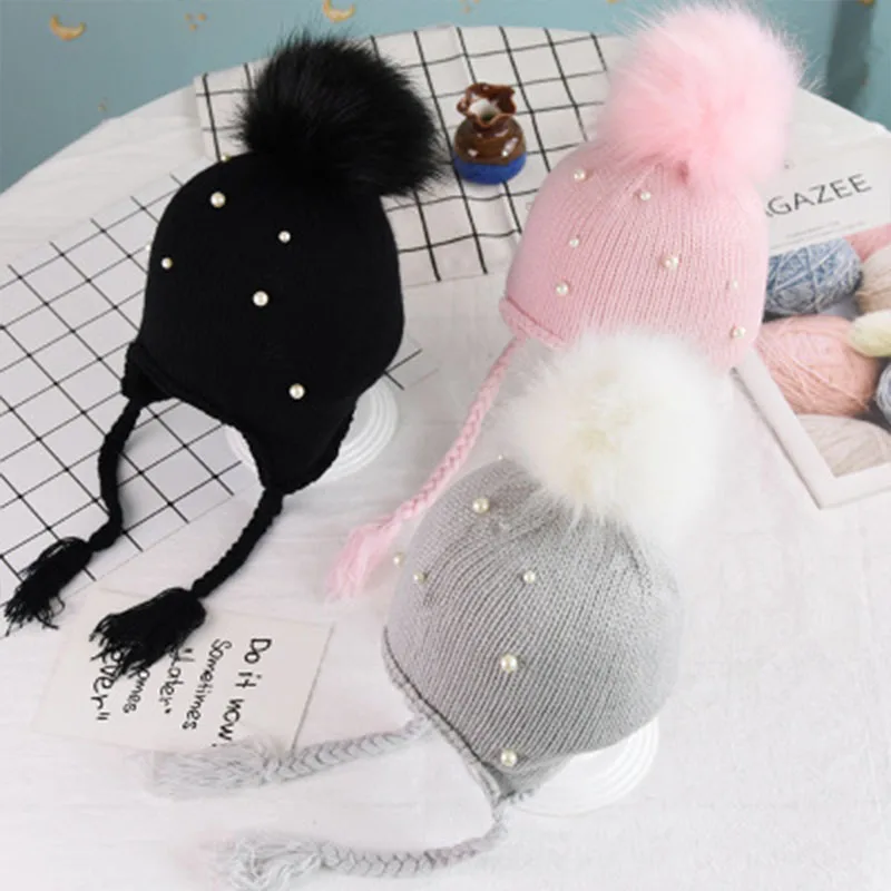 Pearl Pom Fur Ball Baby Winter Hats For Girls Kids Hat Ear Warm Lace-Up Cap Casquette Enfant Girl Newborn Bonnet | Детская одежда и