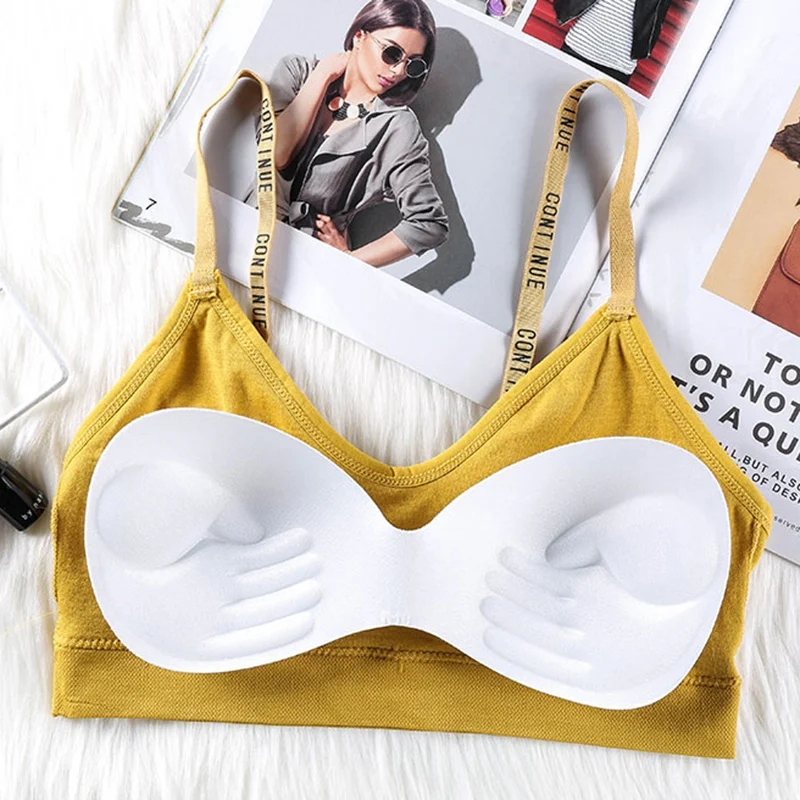 

Women Sexy Gather Bras Solid Color Push Up Letter Shoulder Strap Tube Tops Underwear Wireless Stretch Thread Sports Padded Bras