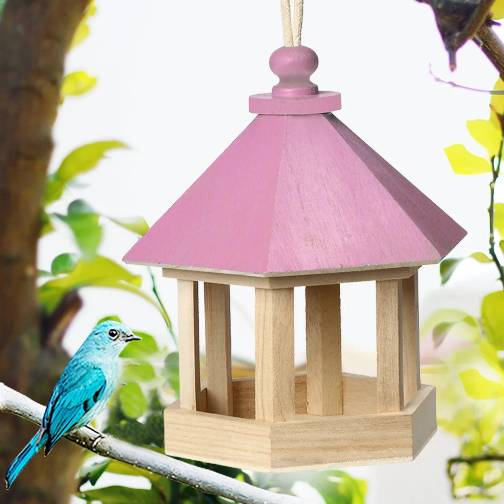 

Wooden Bird Feeder Hanging for Garden Yard Decoration Hexagon Shaped With Roof Supplies Hexagon Shape Wooden Bird Feeder