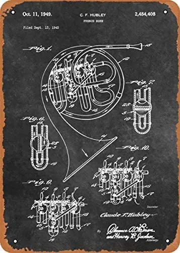 

Patents Music Hubley 1949 French Horn Plaque Poster Metal Tin Sign 8" x 12" Vintage Retro Wall Decor