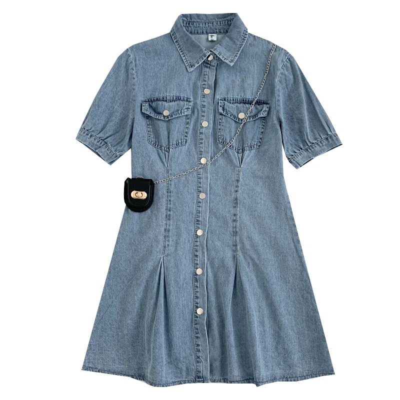 

Fitaylor New Summer Casual Polo Collar Short Sleeve Single Breasted Denim Dresses with Bag Fashion High Waist A-line Short Dress