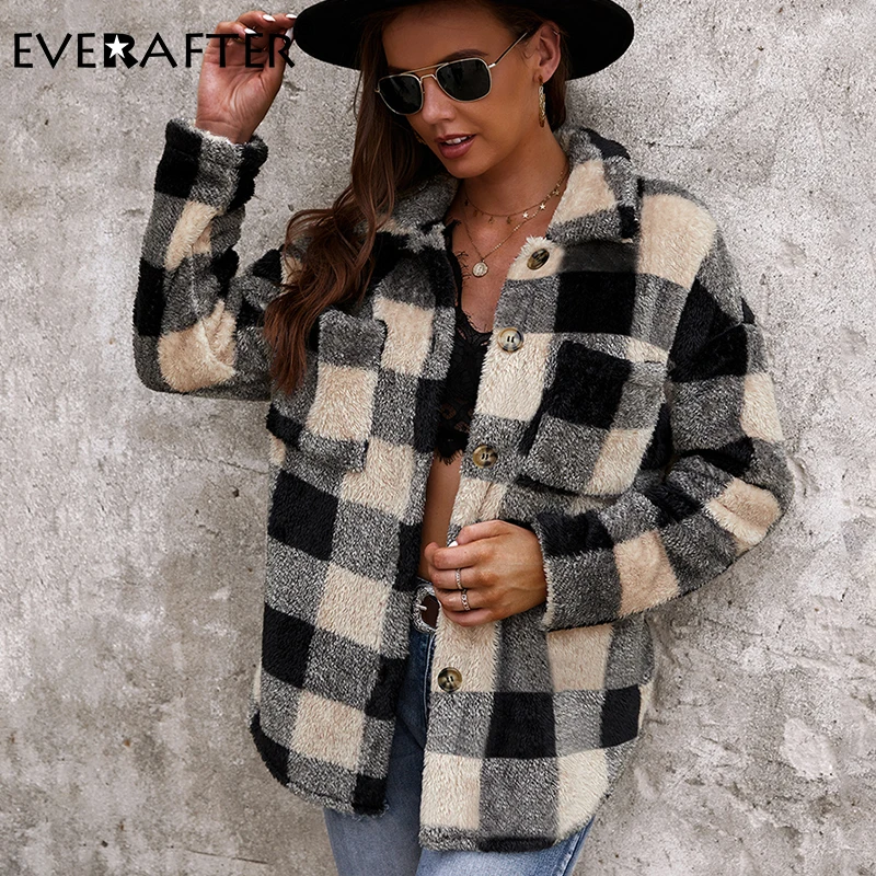 EVERAFTER Faux Fur Coat Women Plaid Jacket Winter Coat Button Long Sleeve Pockets Warm Fashion Street Teddy Jackets Ladies Coats