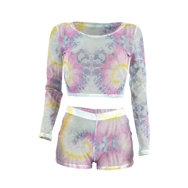 

Sexy Club Outfits Tie Dye Set Women Summer 2020 Mesh Sheer Long Sleeve Crop Top and Short Set 2 Piece Transparent Two Piece Set
