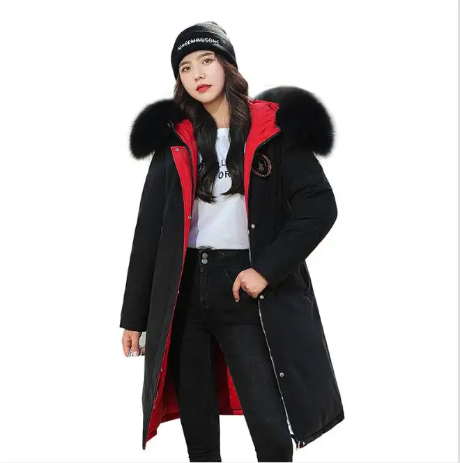 

Куртка женская зимняя, осенняя, двухсторонняя, с хлопковой подбивкой, длинная, с меховым воротником, плотная, теплая, K1451