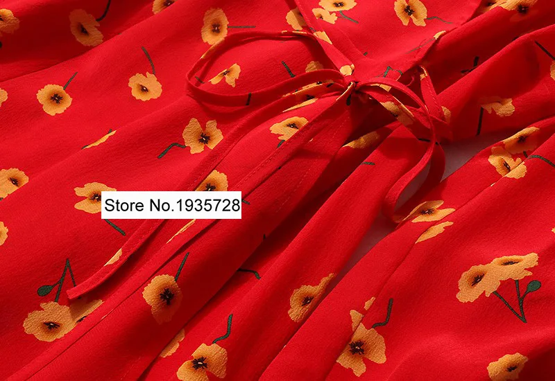 Шелковое красное платье-миди ElfStyle 100% с запахом V-образным вырезом и цветочным