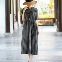 new summer cotton linen plaid dress retro national style stand collar single breasted stitching drawstring lacing casual dress