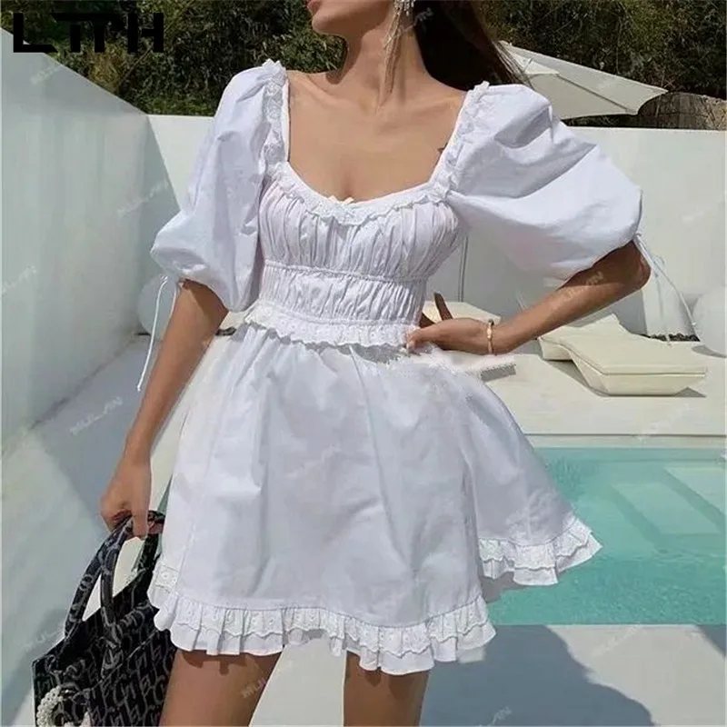 

LTPH sweet white dress women vintage square collar puff sleeves high waist folds ruffles A-line elegant dresses 2021 summer new